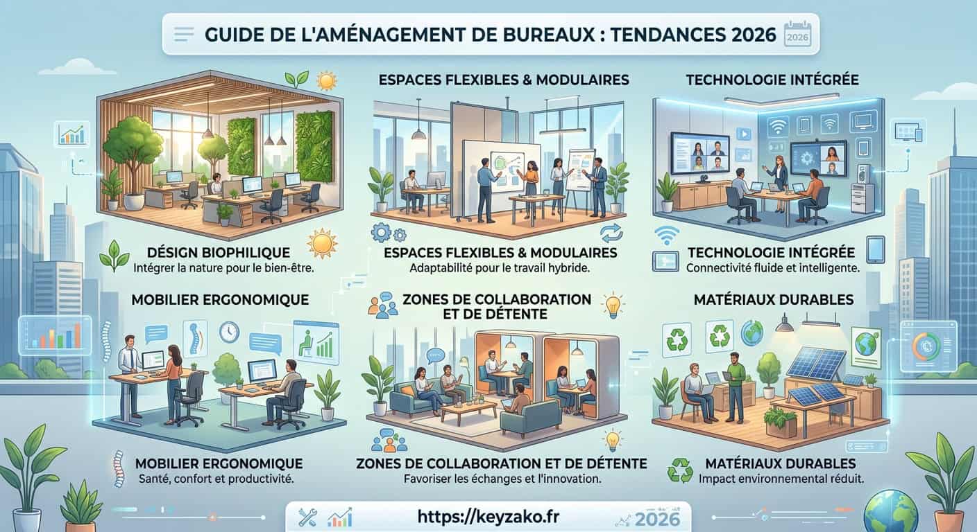 Infographie : Schéma détaillé illustrant les 6 étapes de l'aménagement de bureaux en 2026