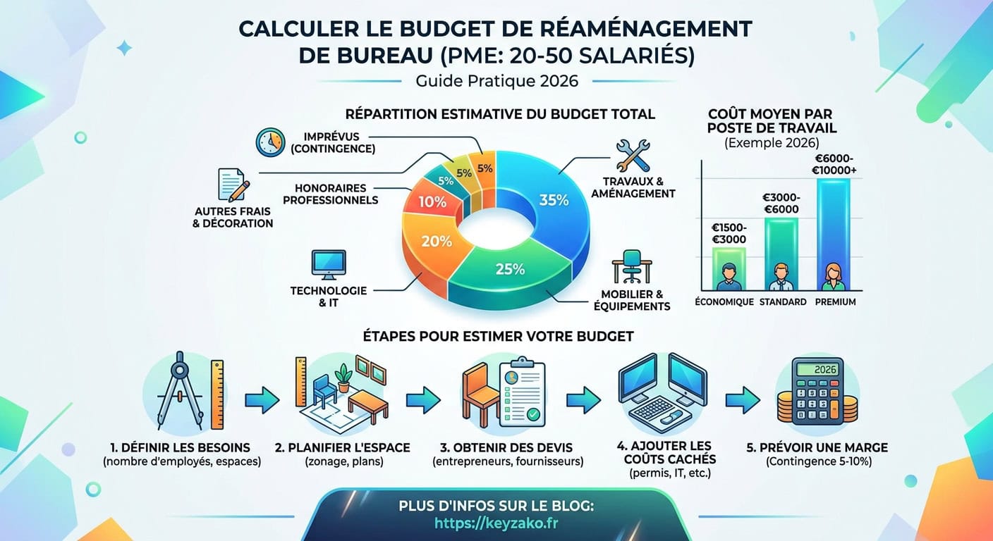 Graphique répartition budgétaire par poste de dépense pour un réaménagement de bureaux PME de 20 à 50 salariés