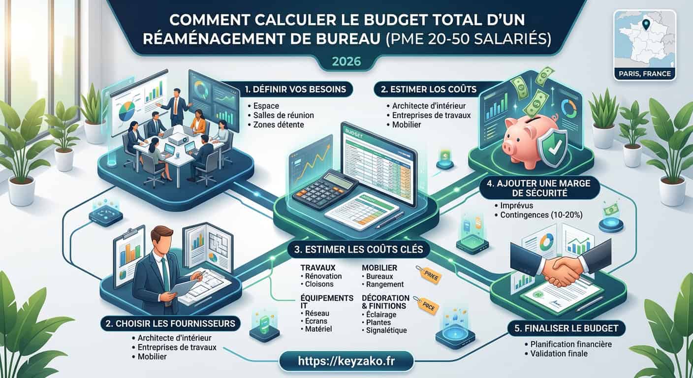 Schéma étape par étape du calcul budgétaire pour un réaménagement de bureaux de PME