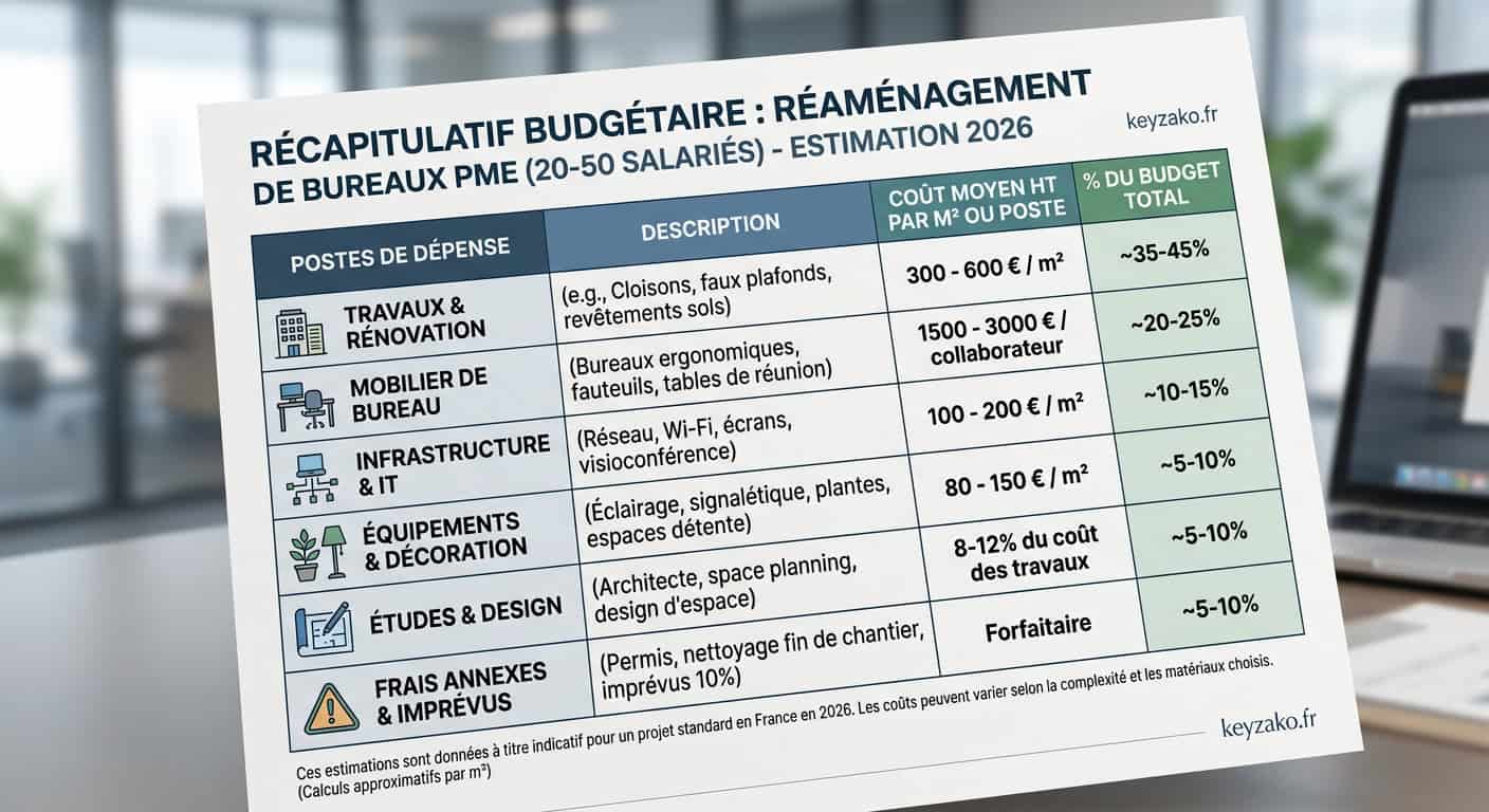 Tableau estimation prix au m² pour le réaménagement de bureaux d'une PME de 20 à 50 salariés en 2026
