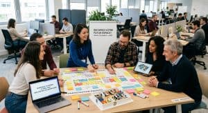 Réunion participative en équipe pour planifier le nouvel aménagement des bureaux