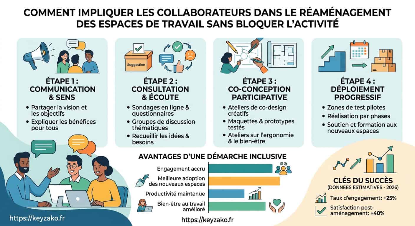 Graphique comparatif des taux d'adhésion au projet de réaménagement selon le niveau d'implication des collaborateurs en 2026