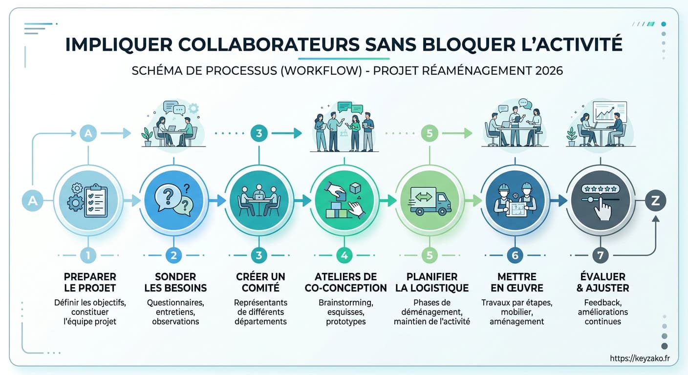 Schéma de processus de conduite du changement pour le réaménagement des bureaux en site occupé, phasage stratégique 2026
