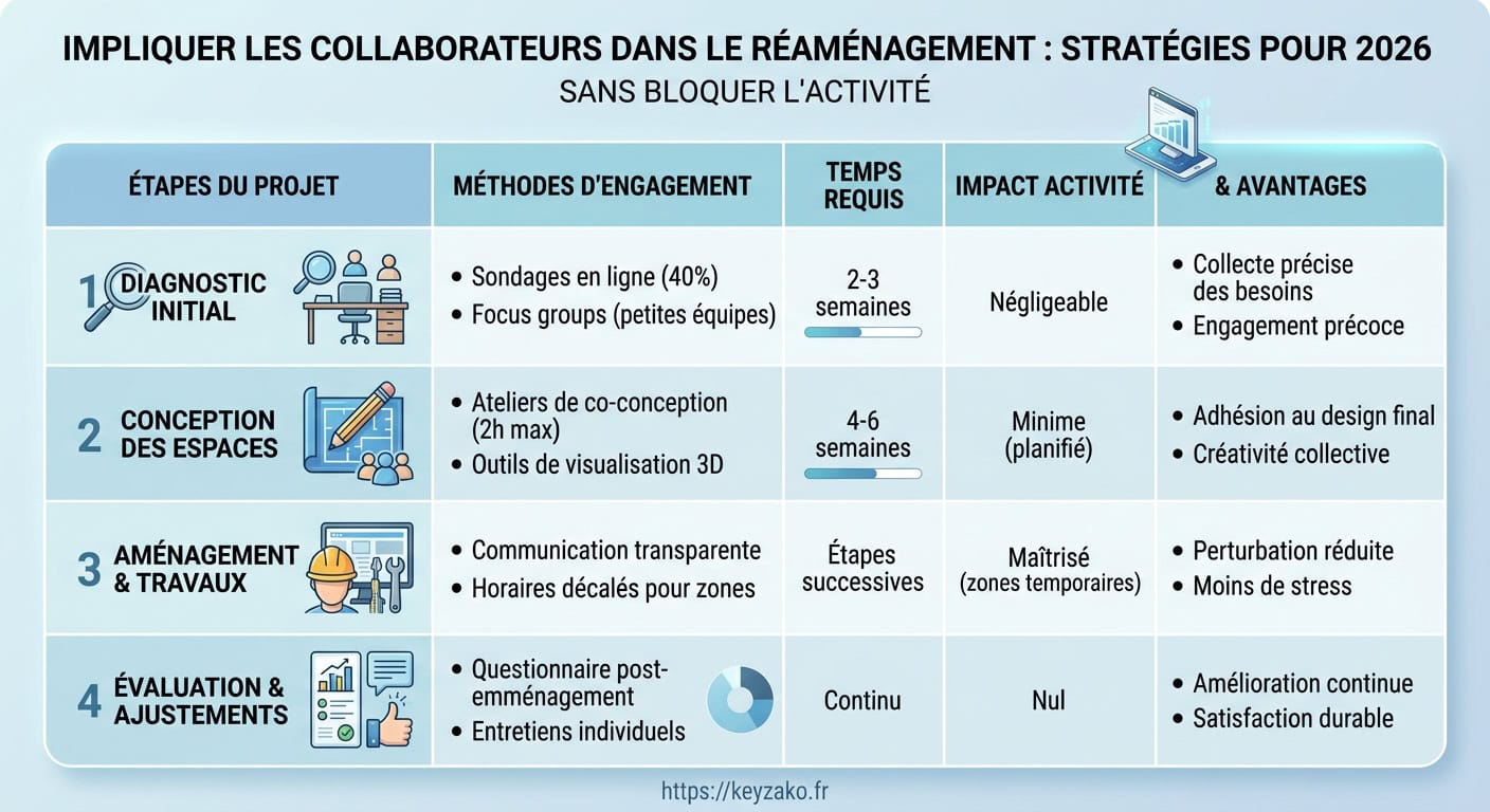 Tableau comparatif des méthodes de communication pour impliquer les collaborateurs dans le réaménagement des espaces de travail