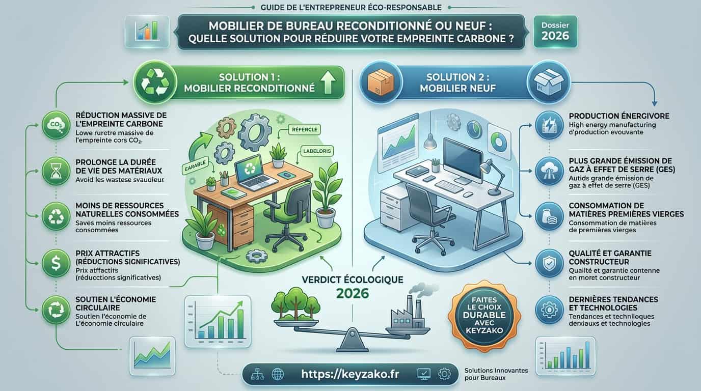 Infographie de l'impact carbone du mobilier neuf vs reconditionné pour les entreprises