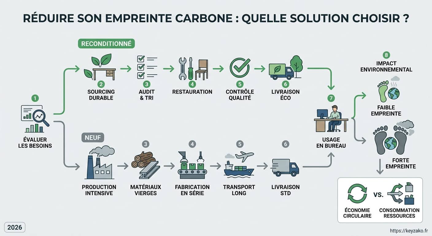 Processus pour choisir entre mobilier neuf ou reconditionné en entreprise