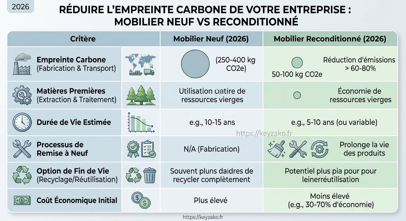 Tableau comparatif mobilier de bureau reconditionné vs neuf