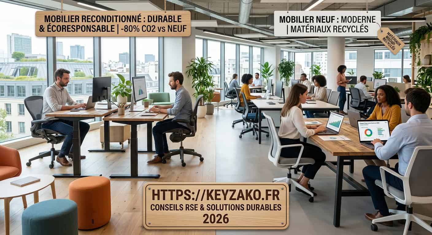 Comparaison entre mobilier de bureau reconditionné et neuf dans un environnement professionnel écoresponsable