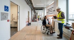 Aménagement de bureaux professionnels aux normes d'accessibilité PMR avec rampe et signalétique